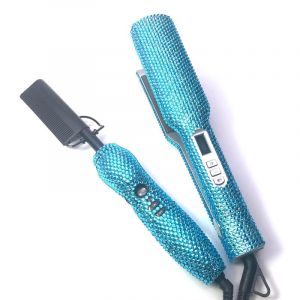 Ensemble Lisseur Et Peigne Chaud Avec Strass,Fer Plat À Haute Température,Combo Peigne Chauffant Lisseur Lisseur Cheveux - Type B-Tiffany Blue - Neuf