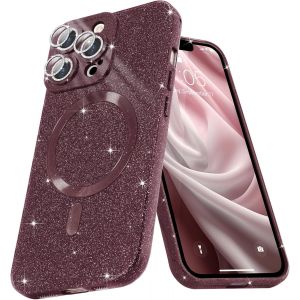 Sjzg-Coque Magn&eacute;tique Pour Iphone 15 Pro Max Etui &Agrave; Paillettes Brillant Compatible Avec Magsafe Charge Sans Fil Housse De Protection Antichoc Pour Appareil Photo Glitter Silicone Souple,Rouge - Neuf