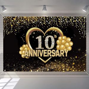 Bannière De Décoration « Happy 10th Anniversary »,Fournitures De Fête D'anniversaire De Mariage,Affiche En Tissu,Toile De Fond Noire Et Dorée,Fond Photo,Panneau De Bienvenue,150 Cm X 90 Cm - Neuf