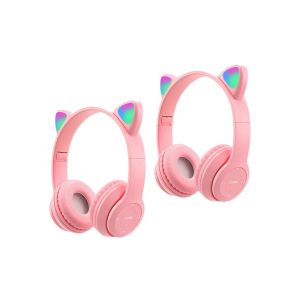 Casque Bluetooth 5.0 oreilles de chat avec lumi&egrave;res LED, pliable, sans fil, rose, lot de 2 - Neuf