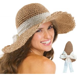 Chapeau De Paille Pour Femme-Chapeau De Soleil,Chapeau Pliable Pour Dame Avec Sangle En Dentelle Protection Solaire-Chapeau De Randonnée Upf Uv-Chapeau Plage Femme.[Z1387] - Neuf