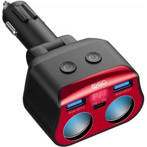 ERYI-12V/24V Allume Cigare Adaptateur 2 Prise, Adaptateur Allume-Cigare Avec 20W Type C+2 Qc 3.0 Connecteurs Et Usb Allume Cigare, Avec Voltmètre Led Pour Ipad, Gps, Dash Cam, Etc. - Neuf