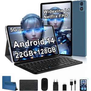ChenQuanSarl-Tablette 10 Pouces Tablette Android 14,Tablette Tactile 22Go Ram+128Go Rom/1Tb,8000Mah,¿Tablets 5G Wi-Fi,Tableta Widevine L1 Octa-Core Tablette Avec Clavier Avec Cas¿Bleu - Neuf