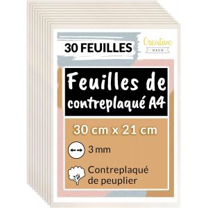 10 x A4 Contreplaqu&eacute; 3mm | 300 x 210 x 3mm (+/2mm) | Planche Bois Brut Peuplier | Panneau Feuille D&eacute;coupe Laser | Bois pour Pyrogravure, Gravure, Cricut, Maquette - Neuf