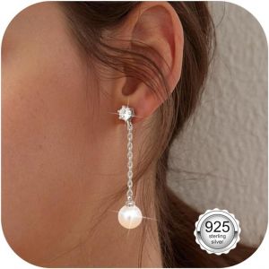 14k Gold Plated S925 Pearl Earrings Gold/Silver Pearl Earrings Water Resistant Drop Pearl Earrings Hypoallergenic Fashion Jewelry For Women - Neuf