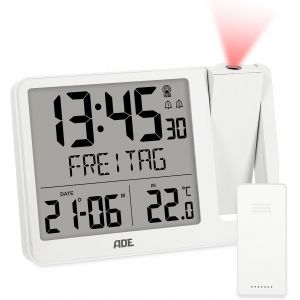 ADE Réveil Radio piloté avec Projection | Horloge numérique avec capteur extérieur | Affichage de la température, Date et Jour de la Semaine en français | câble d'alimentation Inclus | Blanc - Neuf