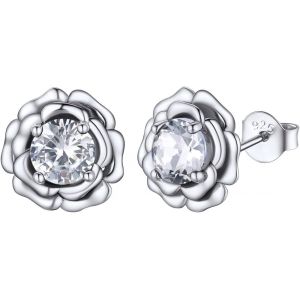 Chenquansarl-Boucles D'oreilles Femme Fleur Rose En Argent 925, Clous D'oreilles Orné De Pierre De Naissance En Zircon Cubique Pour Jeune Fille - Neuf