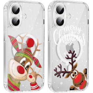 TRAHOO-2 Pi&egrave;ces No&euml;l Coque Magn&eacute;tique pour iPhone 16 6,1'', Etui en Motif Dessin Cadeau de No&euml;l Compatible avec MagSafe, Antichoc Housse Christmas Silicone TPU Bumper Cover pour iPhone 16, Cerf - Neuf