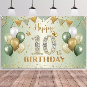 Kalanka-Bannière Joie 10ème Anniversaire Vert Sauge Or - Décoration Fête D'anniversaire 10 Ans, 180×110cm Pour Filles Et Garçons - Neuf