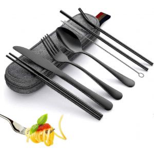Ensemble De Couverts En Acier Inoxydable, Ensemble De Couverts De Camping De Voyage De 8 Pi&egrave;ces, Ensemble De Couverts Portables, Ensemble De Couverts R&eacute;utilisables Comprenant Un Couteau, Une Fourchette, Une Cuill&egrave;re, Un B&acirc;ton, Une Paille - Neuf
