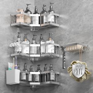 Rangement Salle de Bain, 5 Pcs Argent Etagere Salle de Bain Accessoire sans Percage, 201 Acier Inoxydable Etagere Douche avec Adh&eacute;sif, Rangement Douche - Neuf