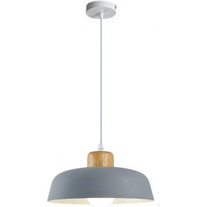 Suspension Ronde En M&eacute;tal De 300 Mm De Couleur Macaron,Finition En Bois Simple Moderne E27 Loft Bar Plafonnier,Lustre De Salle &Agrave; Manger D'&Icirc;lot De Cuisine (Gris) - Neuf