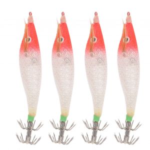 Lot De 4 Petits Leurres De Peche Lumineux A Ventre Rond, Appats Pour Calmars, Crevettes, Accessoires De Peche, Tete Rouge, Corps Blanc - Neuf