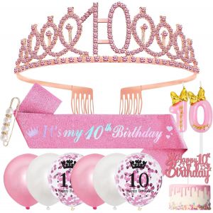Kalanka-10 Ans Decoration Anniversaire Fille,10 Ans Echarpe Et Couronne Anniversaire,Ballon Anniversaire Fille 10 Ans,Bougie 10 Ans,Happy 10th Birthday Cake Toppers,Épingle À Perles,10 Anniversaire P - Neuf
