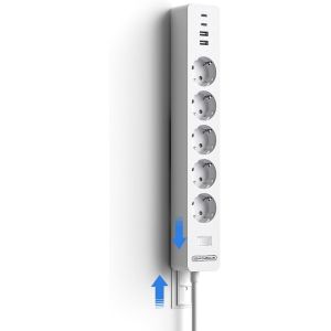 Multiprise Murale avec Plaque Adh&eacute;sive, 3 Prises avec USB-C, 7 en 1 Prises Multiprise Murale Montage C&acirc;ble de 1,5 m, avec Interrupteur, Protection pour Les Enfants, Int&eacute;rieur, Blanc - Neuf