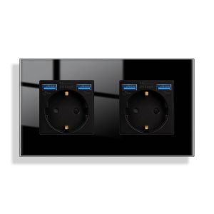 Double prise en verre avec USB en noir encastr&eacute;, 2 prises 16 A avec 2 USB A max.2,1 A, 157 x 86 mm, 250 V - Neuf