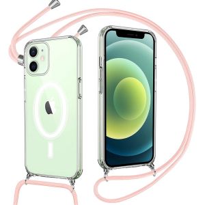 Eryi-Magnétique Coque Pour Iphone 12 Mini Avec Cordon, Silicone Étui Compatible Avec Magsafe, Housse Transparente Avec Collier Antichoc Etui Pour Iphone 12 Mini, Bandoulière, Rose - Neuf