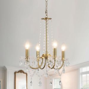 SUBZONAL-Lustre Dor&eacute; Cristal, 4 Lumi&egrave;res Lustre Vintage Suspension Luminaire Moderne Chambre Salon Salle &agrave; manger Cuisine, Plafonnier Dor&eacute; Couloir, Salle a Manger, Hauteur R&eacute;glable, E14 - Neuf