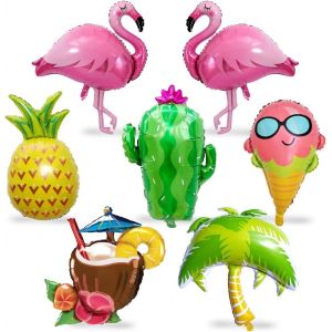 7 Pièces Ballons Fête Hawaïenne,Fête d'été Ballon,XXL Ballon de Flamant Rose Ananas,Géant Cactus Tropical Ballons Cocotier en Aluminium Anniversaire Décoration pour Aloha Piscine Plage Thème Fête - Neuf