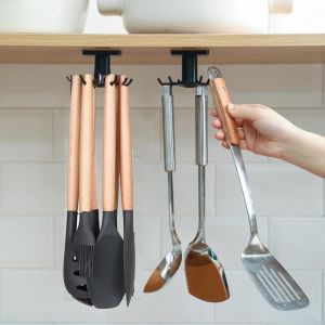 ERYI-Lot De 2 Porte Ustensiles Cuisine,Rotatif À 360° Support Ustensiles Cuisine,Sans Perçage Rangement Organiseur Rack Avec 6 Crochets Pour Cuisine/Bains/Garde-Robe (Noir) - Neuf