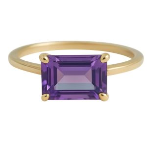 Yemaesre-Bague Améthyste Baguette - Argent Sterling Plaqué Or - Pierre Naturelle Violet Clair - Bijou Minimaliste Pour Femme (Us Size 9 / Diameter 19) - Neuf