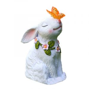 Hjlian Statues De Jardin Solaires Lapins Avec Papillons Charge Solaire Statues Solaires En Resine Synthetique Peintes A La Main Lumieres Blanches - Neuf
