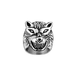 Bague Acier Tête De Loup Patiné - Neuf