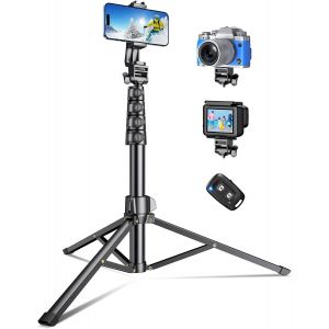 177cm Trepied Smartphone, Portable Trépied Appareil Photo Extensible en Aluminium avec Télécommande sans Fil, Perche a Selfie Trepied Telephone Réglable pour iPhone/Galaxy/Gopro/Voyage - Neuf