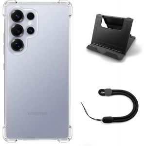 KAL-3 En 1 Coque Pour Samsung Galaxy S25 Ultra Avec 1 Support Pour T&eacute;l&eacute;phone Portable,1 Dragonne, Etui En Silicone Tpu Souple, Bumper Avec Coins Renforc&eacute;s, Protection Claire. (Transparent) - Neuf