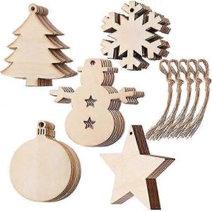 Flocon de neige, les d&eacute;corations de No&euml;l en Bois &agrave; D&eacute;cor Mis en 50pcs BRICOLAGE Collection avec Bonhomme de neige, &Eacute;toile de Bois et Disque Rond - Neuf