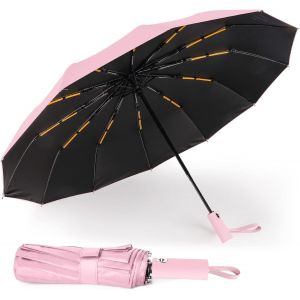 Parapluie Pliable Coupe-Vent 12 Baleines Renforc&eacute;es Pour Homme Et Femme, Compact, L&eacute;ger, Ouverture Et Fermeture Automatiques, Solide Et Portable, Rose,12 Baleines - Neuf