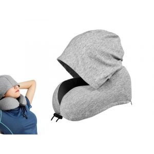 Oreiller de voyage en forme de U avec capuche et housse amovible - Gris clair - Neuf