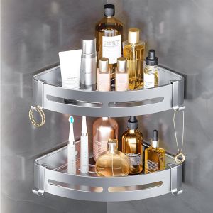 Lot de 2 &eacute;tag&egrave;res de douche d'angle sans per&ccedil;age en aluminium argent&eacute; avec 4 crochets pour salle de bain et cuisine - Neuf