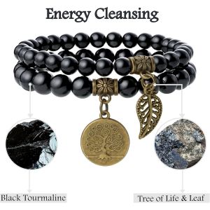 Kalanka-Chakra Bracelet En Pierre Naturelle - Bracelet Perles Naturelles Femme-Ensemble De Deux Bracelets Avec Accessoires Arbre De Vie Et Feuille - Neuf