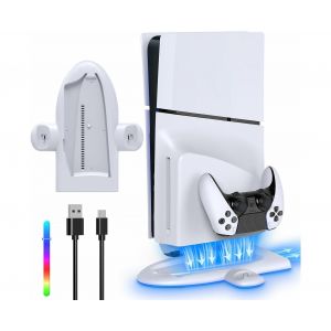 Support De Charge Rgb Pour Ps5 Slim Avec Chargeur Pour Deux Manettes, Ventilateur Et Voyants Led - Neuf