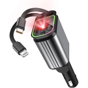 Chargeur Voiture 4-en-1 USB C, Charge Rapide 66W avec C&acirc;ble R&eacute;tractable, Prise Pliable &agrave; 180&deg;, Accessoire de Voiture pour T&eacute;l&eacute;phones Portables, &Eacute;couteurs, Tablettes - Neuf