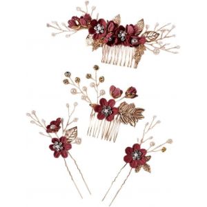 Meimie-Lot De 4 Barrettes À Cheveux En Forme De U Avec Perles De Fleurs - Bijou De Demoiselle D'honneur - Pour Femme Et Fille - Rouge Foncé - Neuf