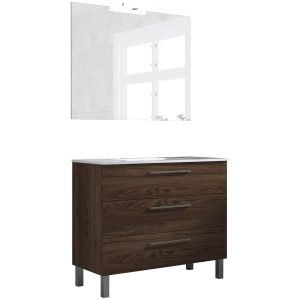 Ensemble de salle de bain meuble 100cm STAY THREE CLASSIC bois fonc&eacute; - Vasque - Miroir - Applique - Neuf