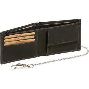Biker Portefeuille Pour Homme Et Femme Tr&egrave;s Mince Avec La Cha&icirc;ne Vintage-Style Format Paysage, Cuir V&eacute;ritable, Noir - ''Leas Chain-Series - Neuf