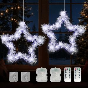 Jgd-Rideau Lumineux Noel Decoration Exterieur,2 Pi&egrave;ces Etoile Lumineuse Fen&ecirc;tre No&euml;l,20led Guirlande Lumineuse Noel A Pile,Led Rideau Lumineux Interieur For Fenetre Avec Minuteur (Sliver) - Neuf