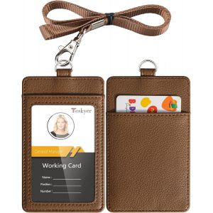 KALANKA-Porte Badge, Porte Badge Tour de Cou, 2 Emplacements pour Cartes, en Cuir PU, avec Effacer la Fenêtre Longe en Nylon, Brun - Neuf