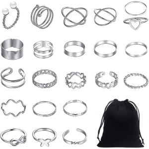 Kahfl-22 Bagues Réglables,1 Sac De Rangement,Bagues De Pouce Pour Femme,Ensemble De Bagues Pour Femme,Ensemble De Bagues En Argent,Bagues Empilables - Neuf