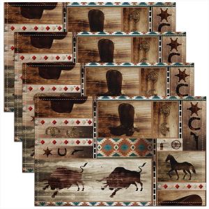 Sjzg-Lot De 4 Sets De Table Cowboy Western, Tapis De Table Cheval Taureau Pour Table &Agrave; Manger, Sets De Table Boho Aztec Imperm&eacute;ables, Sets De Table &Agrave; L'huile Southwestern Marron, 45x30 Cm - Neuf