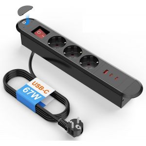 Multiprise Encastrable USB C PD 67W,Prise pour Bureau Encastrable 3 Prise et 2 Ports USB C,Boîtier Métallique,Boîtier métallique,Câble de 1,8 m - Neuf