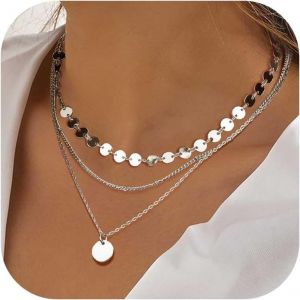 Kal-Lot 3 Colliers Or Pour Femme 18 Carats Collier Multicouche Pendentif Pour Femme Collier Ras Collier Chaîne Boho Colliers Argent Femme Ensemble Chaîne Femme Bijoux - Neuf