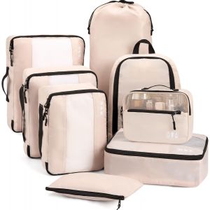 Organisateur De Val 8 Pièces, Rangement Val Organisateur Pour Les Voyages Et Les Vacances, Packing Cubes Avec Sac À Chaussures Et Sac À Cosmétiques, Voyage Accessoires, Beige - Neuf