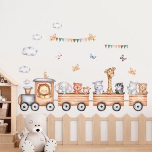 Stickers Muraux Jungle Animaux Train &Agrave; Cheval Autocollants Muraux Renard Lion El&eacute;phant Girafe Sticker Mural Amovible Stickers Pour Chambre De B&eacute;b&eacute; P&eacute;pini&egrave;re D'enfant Le Salon D&eacute;coration Murale - Neuf