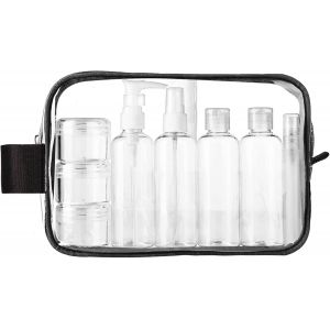 KALANKA-Kit de Voyage Transparent, Trousse de Toilette Transparent, 5pcs Bouteilles Vides (Max.100ml) + Étiquettes Vierges + Feutres à Encre Permanente - Neuf