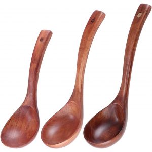 Kal-Lot De 3 Louches En Bois Naturel - Cuillère À Soupe - Cuillère À Porridge - Cuillère À Sel Pour Manger, Mélanger Et Mélanger La Cuisine - 3 Tailles : S, M, L - Neuf