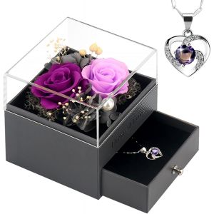 Trahoo-Cadeau Femme-2 Vraie Rose Éternelle Avec Collier, Anniversaire Saint Valentin Noël Fête Des Mères Cadeaux Pour Sa Femme Maman Grand-Mère Amie - Neuf
